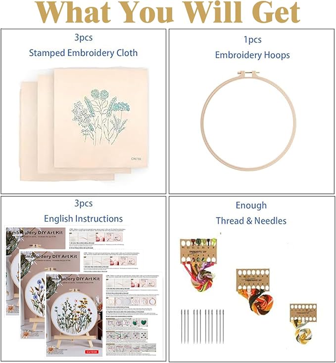 GLTAYLMY Flower Embroidery Kit for Beginners with Pattern and Instructions,3 Pack Cross Stitch Kits,1 Plastic Embroidery Hoops,Threads and Needles,Needlepoint Kit for Adults