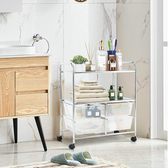Giantex Rolling Storage Cart w/ 4 Drawers 2 Shelves Metal Rack Shelf Home Office School Beauty Salon Utility Organizer Cart with Wheels (White)