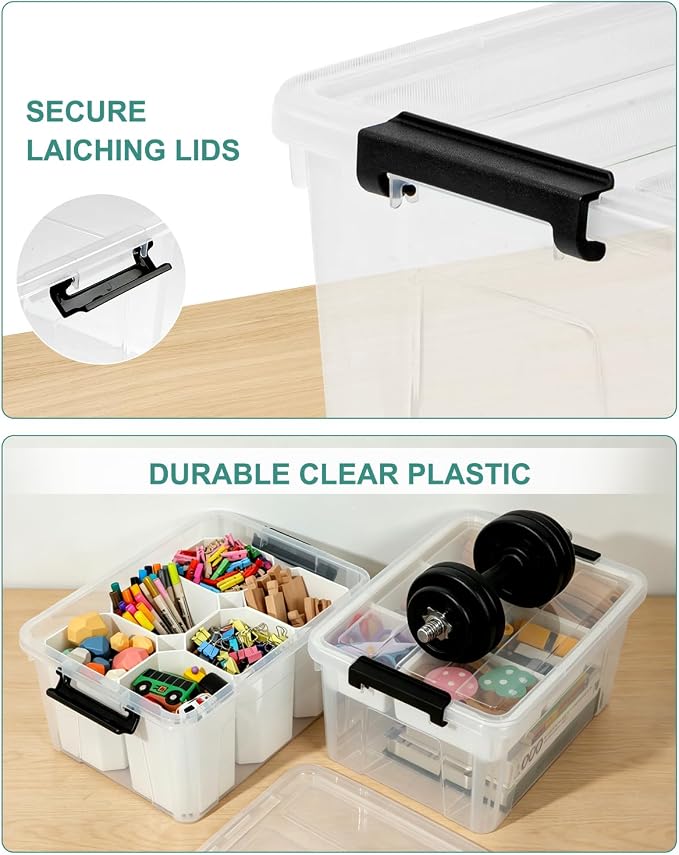 EOENVIVS 17 QT Clear Craft Storage Organizer Box with Removable Tray, Plastic Storage Bins with lids for Kids Art Supplies, Toys, Beads, Tools, Sewing & Classroom Clear+Black Bulcket