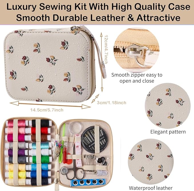 Floral Sewing Kit Printing Sewing Project Kits,Professional Sewing Supplies for Adults, Zipper Sewing Needles Set, 87 PCS Travel Sewing Accessory for Emergency, Home
