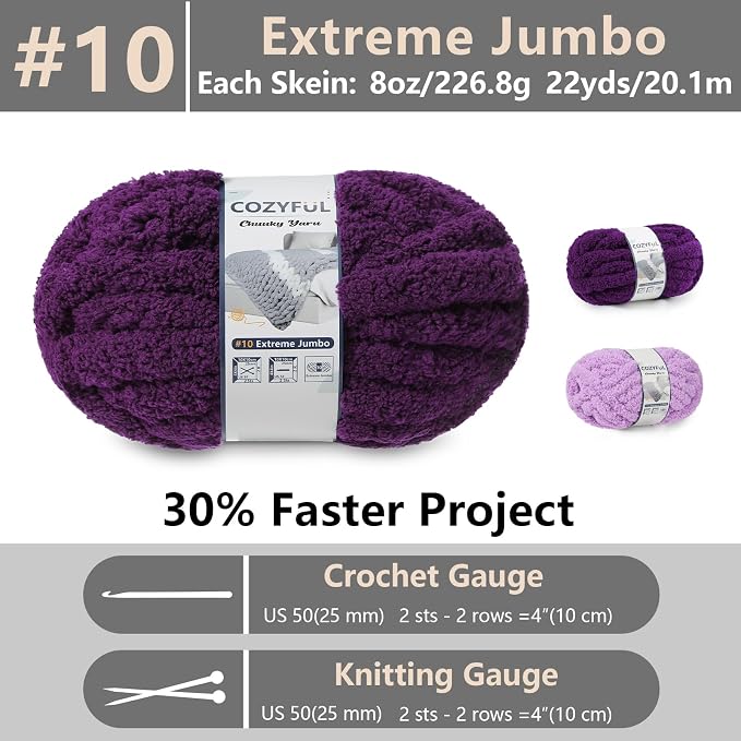 Cozyful Chunky Yarn for Hand Knitting - #10 Chunky Chenille Yarn, Jumbo Big Thick Chunky Yarns for Crocheting, Super Bulky Chunky Knit Blanket Yarns, 8 Skein (22yd, 8oz/Skein), Multi Purple