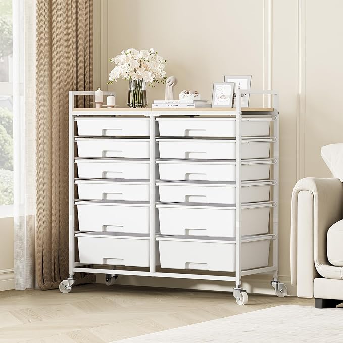 TOOLF 12 Drawers Rolling Storage Cart with Wooden Top for Classroom,White | Teacher Cart Craft Art Supply Organizer, Utility Cart with Lockable Wheels for Home Household Essentials, Office Organization