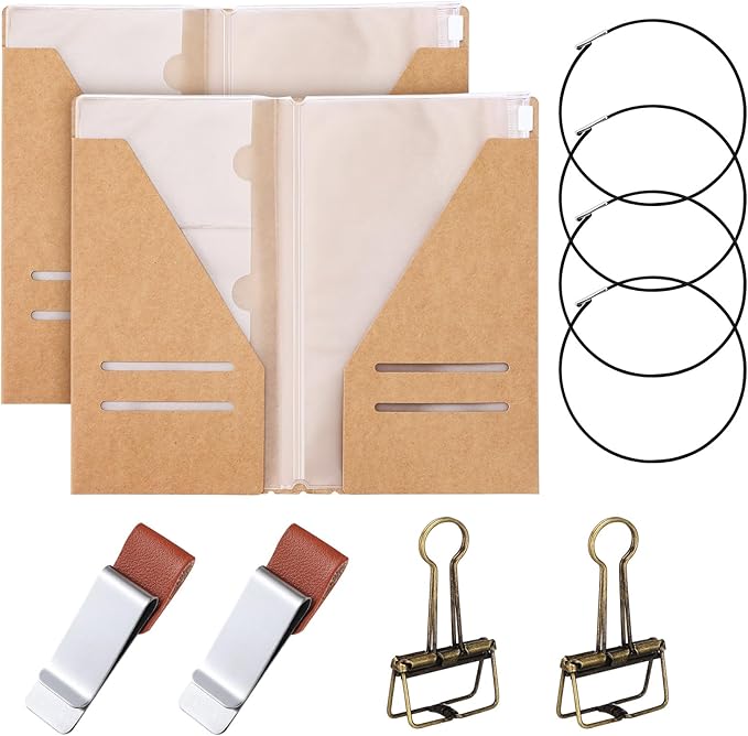 Mooliwe 2 Pack Travelers Journal Notebook Accessories Kit, A6 Size | Kraft File Folder, Zipper Case, Pen Holder, Binder Clip and Elastic Bands, Refillable Insert Organizer for Travel Journals