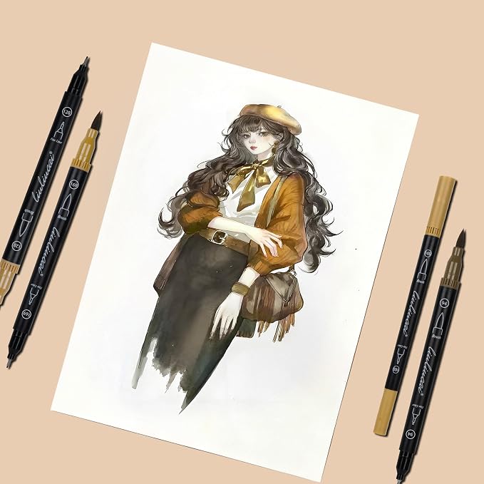 LIULIUCAI 10 Brown Dual Markers, Fine & Brush Tip Pen for Adult Coloring