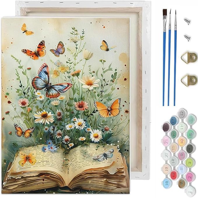 TCDZMYGS Book Paint by Numbers Kit for Adults Beginner,Daisy Butterfly Adult Paint by Number Kits on Canvas with Frame,DIY Acrylic Oil Painting by Numbers Kits for Home Wall Decor 10x12 inch
