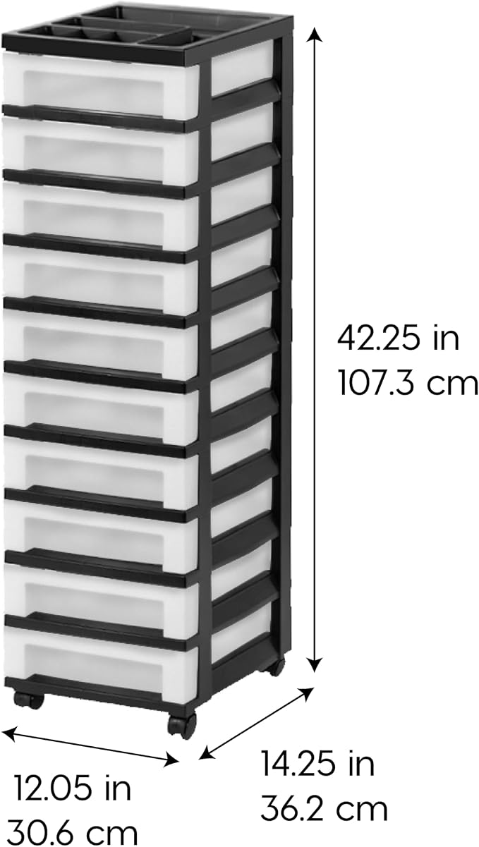 IRIS USA 10-Drawer Rolling Storage Cart, Black/Pearl