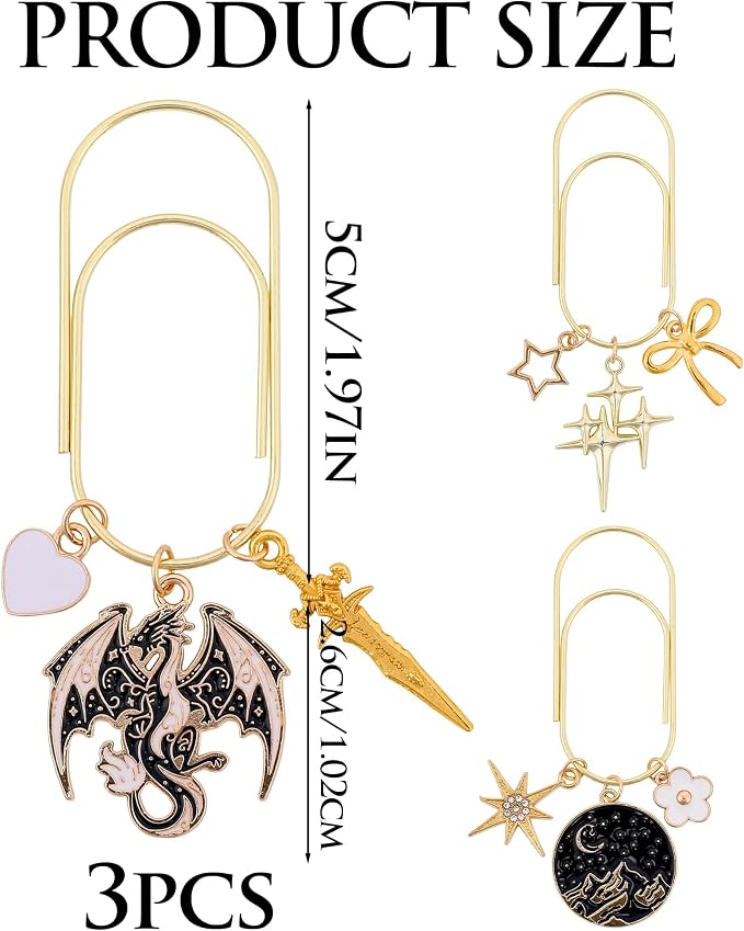 Fantasy Acotar Dragon Bookmark - 3 PCs Cool Dragon Moom Star Metal Large Paperclips Book Mark Gifts Personalized Page Marker Planner Paper Clip Reading Lovers Women Men Readers Accessories