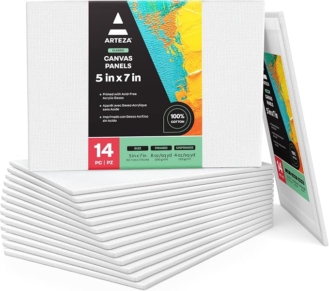 ARTEZA Canvas Boards for Painting, 5 x 7 Inches, Pack of 14, Blank White Small Canvas Panels for Acrylic, Oil and Gouache Painting