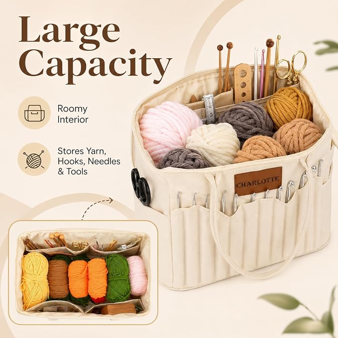 Canvas Yarn Storage Bag with Personalized Name Leather Patch, Large Canvas Yarn Bag for Crochet and Knitting, Crochet Organizer with Multiple Pockets & Yarn Holes, Birthday Gift for Mom Grandma