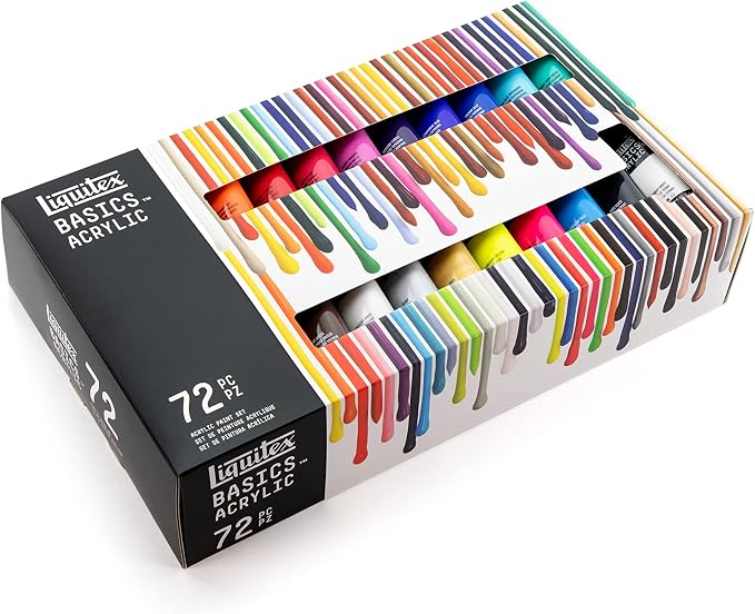 Liquitex BASICS Acrylic Paint Set, 72 x 22ml (0.74-oz) Tubes | Medium Viscosity, Satin Finish, Lightfast, Fine Art Pigments, Range of Opacities, Easy Blending