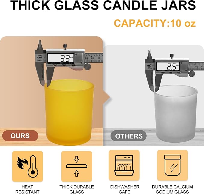 SHOWIN 10 OZ Thick Candle Jars for Making Candles 15 Pcs, Empty Jars with Wood Lids for Candle Making, Sample Container, Frosted Yellow