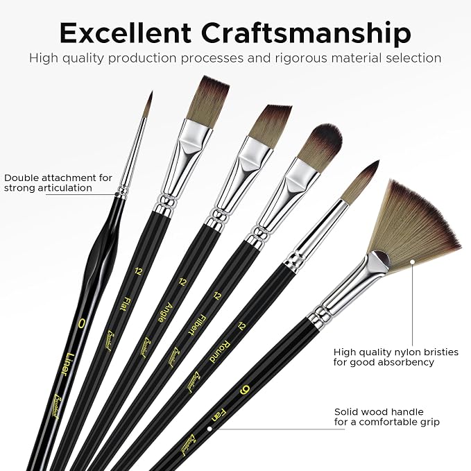 Bougimal 33 Pcs Paint Brush Set, No-Shedding Artist Paint Brushes | Paint Brush Kit with Flat Round Filbert Fan Angle Detail Brush for Acrylic, Oil, Watercolor, for Artists & Beginners (Black)