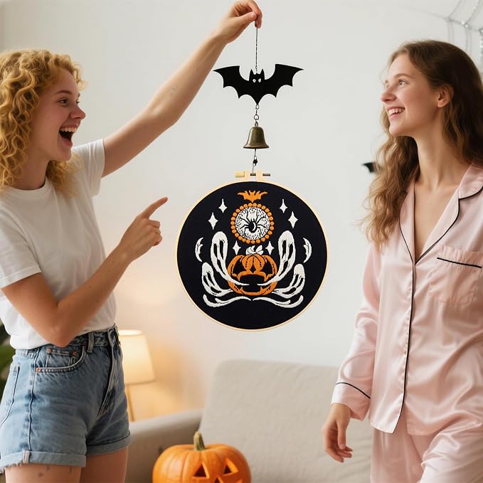 Halloween Embroidery Kits for Beginners Adults, Ghost Embroidery Starter Kits, Halloween Cross Stitch Kits for Beginners Adults Hobbies for Women, Embroidery Fabric, Threads, Hoops and Video Tutorial