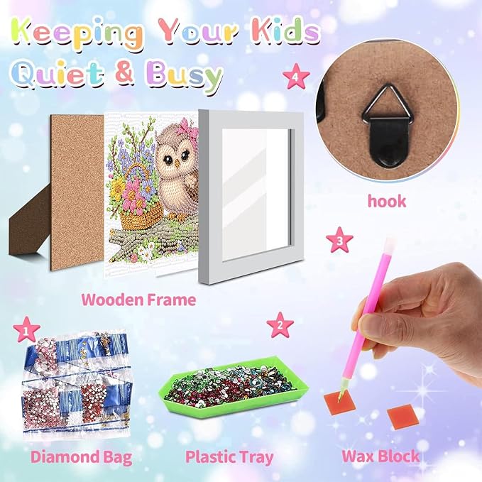 Ajepon Owl Diamond Art Kit for Kids, Ages 8-12, 7x7 Inch, Modern Style, Crystal Diamonds, Includes Canvas, Frame, Tools, Non-Foldable