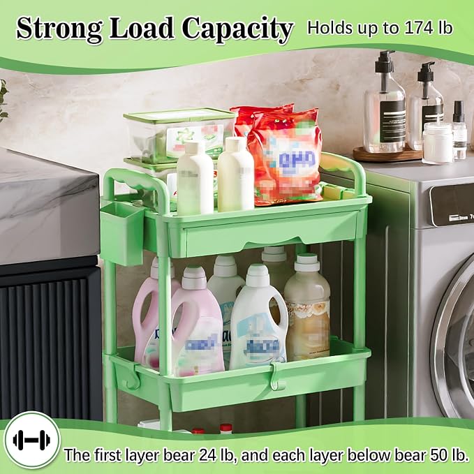 SUNALLY 3 Tier Rolling Cart with Drawer, Craft Storage Cart Organizer,Green