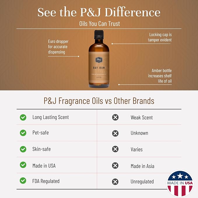 P&J Fragrance Oil | Bay Rum Oil 100ml - Candle for Candle Making, Freshie Scents, Soap Making Supplies, Diffuser Oil Scents