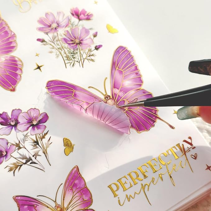 Flower and Butterfly Sticker Book, 30 Sheets 300+ Pcs, PET Material with Gold and Holographic Foil, for Planner Scrapbooking Journaling Card Making