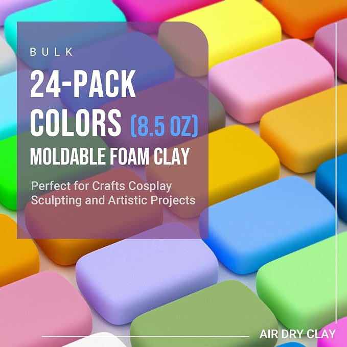 CALPALMY Air Dry Clay, 24-Pack Colors Moldable Cosplay Foam Clay for Kids Gifts Partty and School Project Supplies, Perfect for Crafts Sculpting and Artistic Projects (8.5oz/Pack)