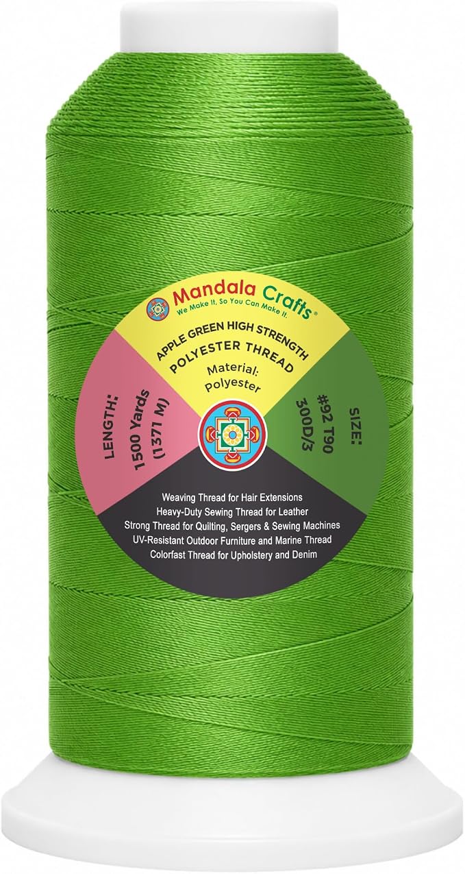 Mandala Crafts Apple Green Tex 90 Upholstery Polyester Heavy Duty Thread | 1500 Yds T90 UV Resistant Strong Thread for Leather Sewing, Marine, Drapery, Jeans, Hair Weaving & Extension, Outdoor