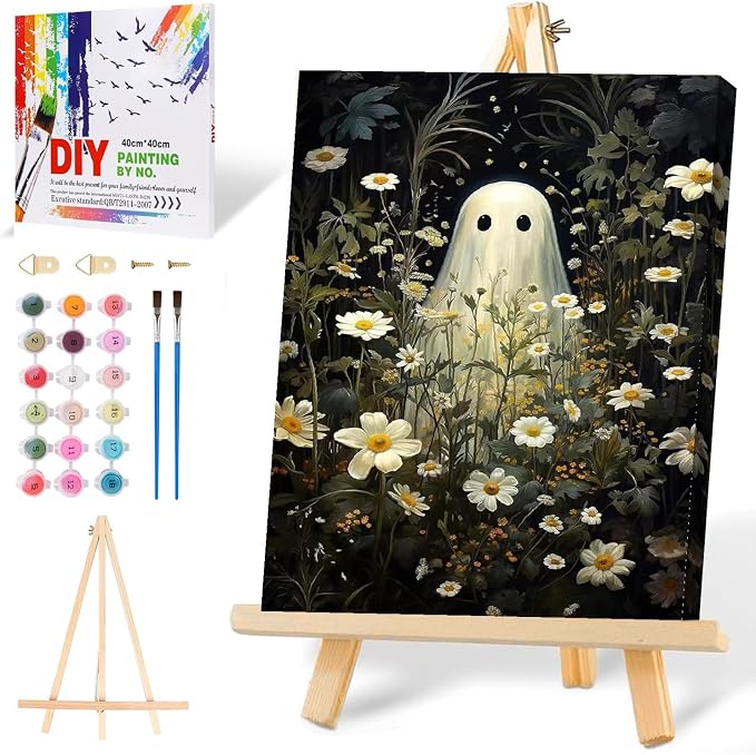 Halloween Paint by Numbers for Adults with Framed Canvas-with Wooden Easel,Ghost Paint by Number on Canvas,DIY Acrylic Oil Painting Kits with Brushes Nice Gift Box for Home Wall Decor(12x16 Inch)