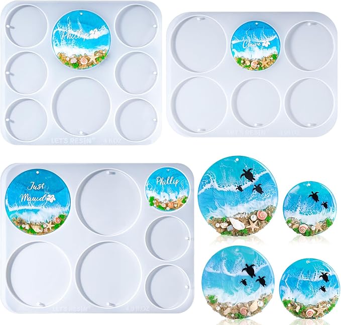 LET’S Resin 21-Cavities Keychain Resin Molds with Hole, 4 Sizes 2.95'' 2.76'' 2.36'' 1.97'' Flat Circle Round Silicone Molds for Resin, Epoxy Resin Molds for DIY Christmas Ornaments,Wedding Favor