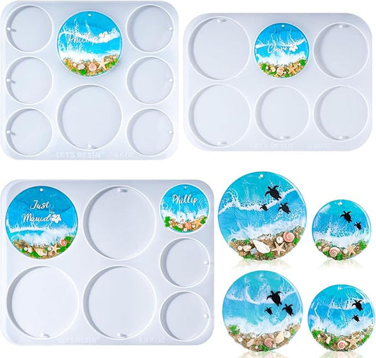 LET’S Resin 21-Cavities Keychain Resin Molds with Hole, 4 Sizes 2.95'' 2.76'' 2.36'' 1.97'' Flat Circle Round Silicone Molds for Resin, Epoxy Resin Molds for DIY Christmas Ornaments,Wedding Favor