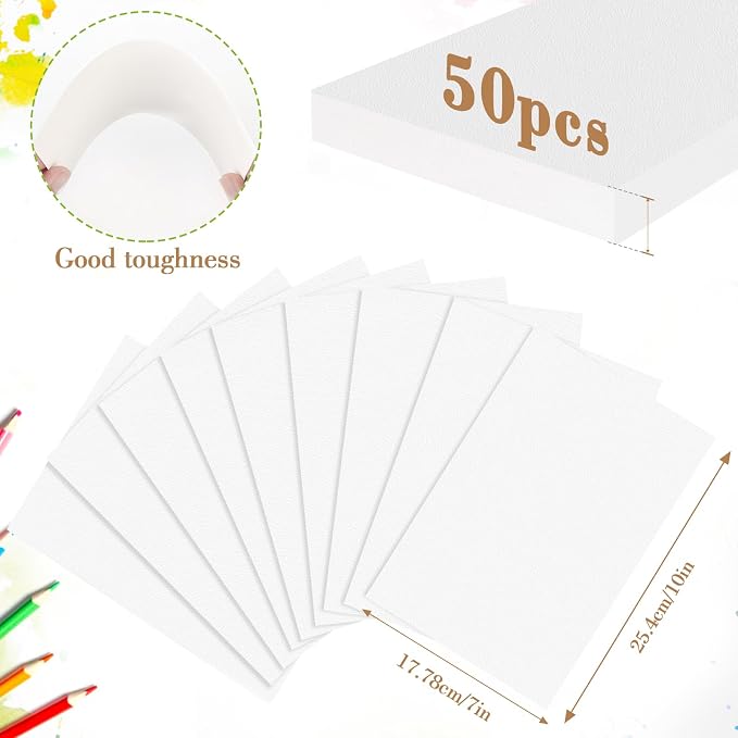 50PCS 7x10 Watercolor Paper Bulk, 140lb/300g Cold Press Thick Water Color Paper Pad for Child Adult, White Art Paper for Drawing Painting Markers Gouache, Textured Cotton Paper Sheets