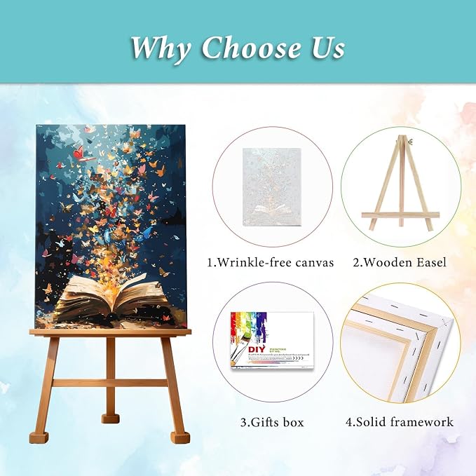 Butterflies Book Paint by Number Framed with Wooden Easel 12x16inch | Adult Paint by Numbers, Book Canvas Paint by Numbers for Adults, DIY Acrylic Adult Paint by Number Kits on Canvas