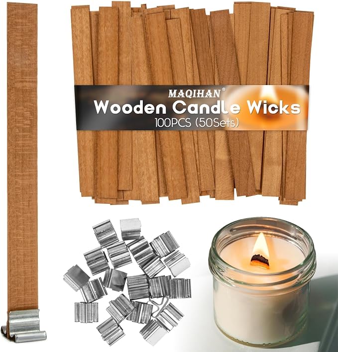 MAQIHAN 100 Wood Wicks for Candles Making - Smokeless Wooden Candle Wicks | Crackling Candle Wax Wood Wick, mechas para velas, Candle Making Wicks for Paraffin, Soy Wax Candlemaking Supplies(50 Sets)