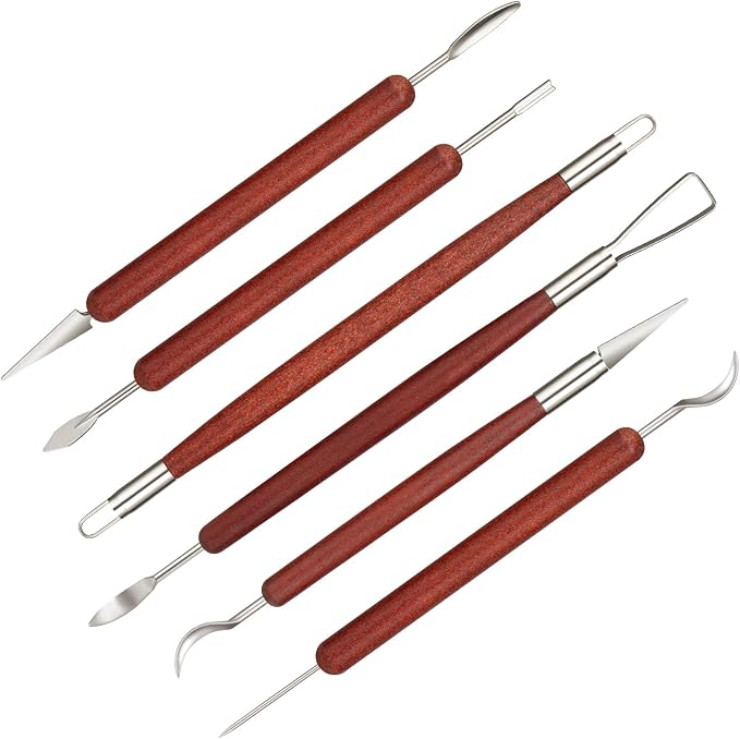 Amrules 6 Pcs Double-Ended Clay Carving Tools Set for Adults, Red | Double-Ended Stainless Steel Tips, Smooth Wood Handles, 12 Shapes for Shaping, Smoothing & Detailing, Ideal for All Levels