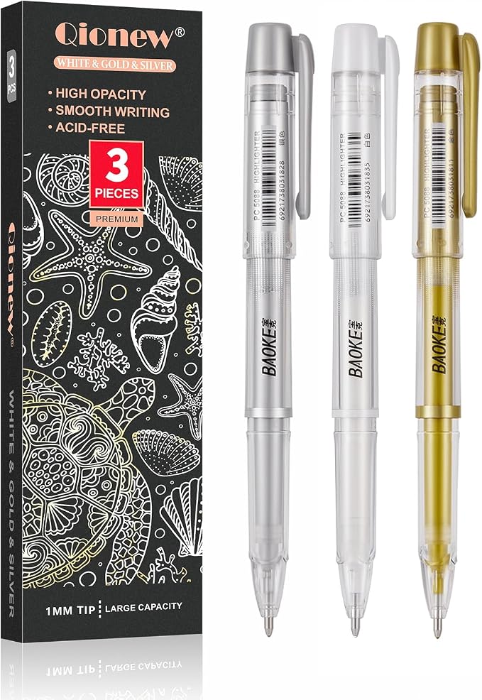 Qionew 3 Colors Gel Pen Set-Gold Silver and White Gel Pens,1mm Gel Ink Pen