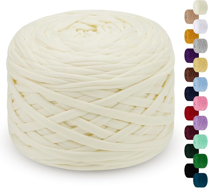 285g T Shirt Yarn for Crocheting 109 Yards Elastic Ribbon Yarn Thick Crochet Fabric Yarn, Knitting T-Shirt Yarn for Crochet Bag, Blanket, Basket, DIY Projects, Home Decor (Beige), L103-FT