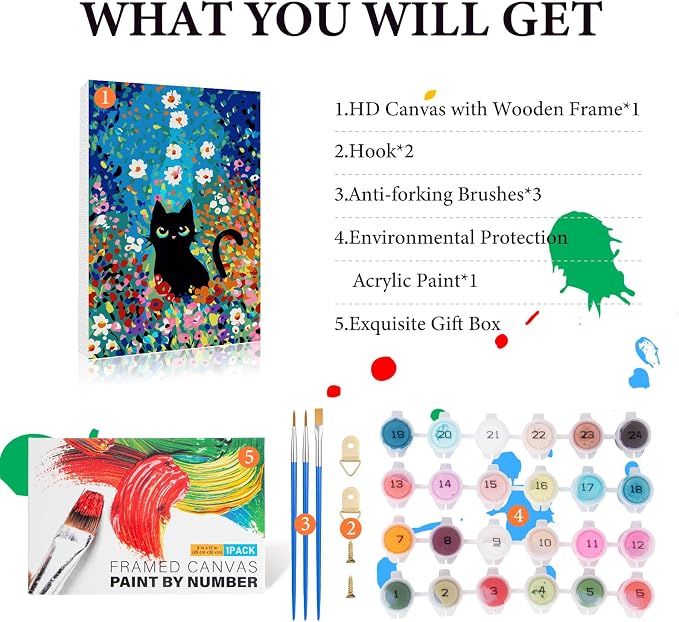 Framed Paint by Numbers Kit for Adults Beginner 8x12 IN, Flowers Cat