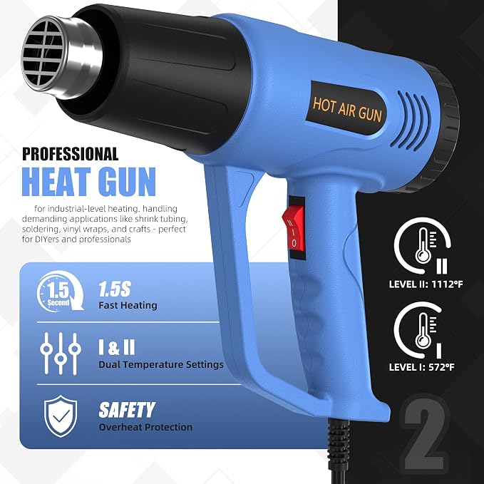 Heat Gun for Crafting,Dual Temperature Control(I: 572℉ & II:1112℉) Heat Gun' for Shrink Tubing, Vinyl And Resin, Fast Heating, Pistola De Calor with 4 Nozzles, Ideal for DIYers and Professional Trades