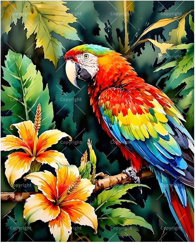 Tropical Bird Paint by Numbers Kit for Adults - DIY Parrot with Hibiscus Flowers Painting on Canvas, Acrylic Paint Set, Suitable for Beginners, Art for Home Decoration or Gifts(16X20IN Framed)