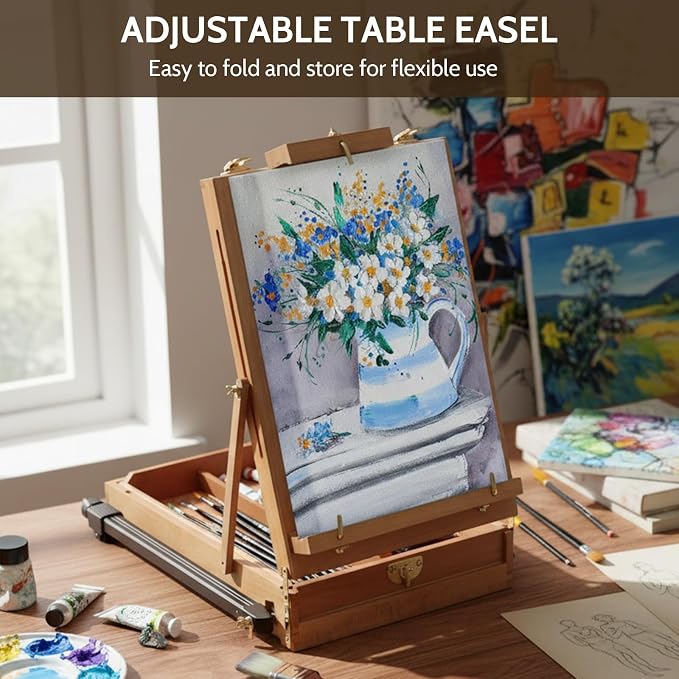 Falling in Art Light Weight French Style Field and Sketchbox Easel | Adjustable Beechwood Tripod standing easel with Aluminum Tripod, Drawer, Palette for Painting & Drawing