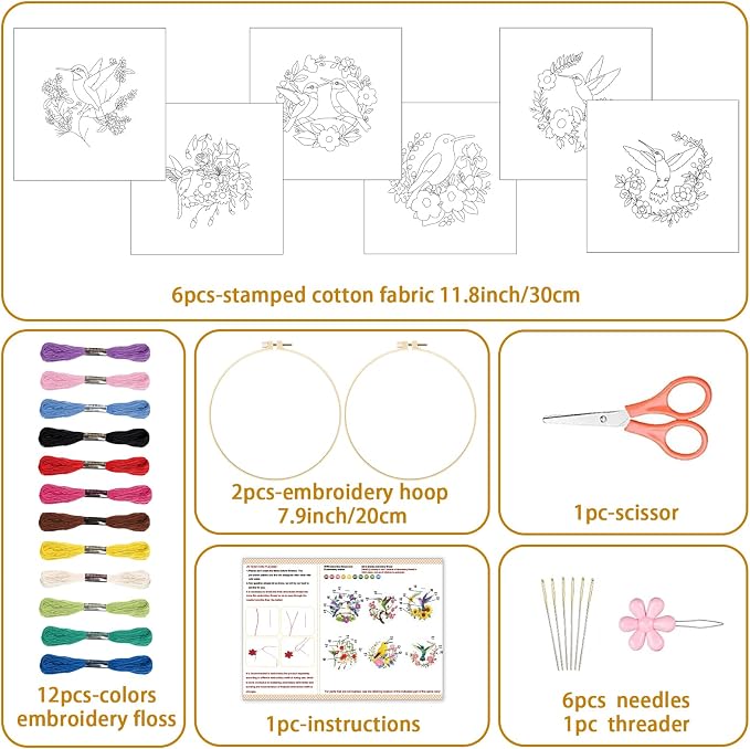BEUNITONE 6 Set Hummingbird Starter Embroidery Kit with Pre-Stamped Pattern