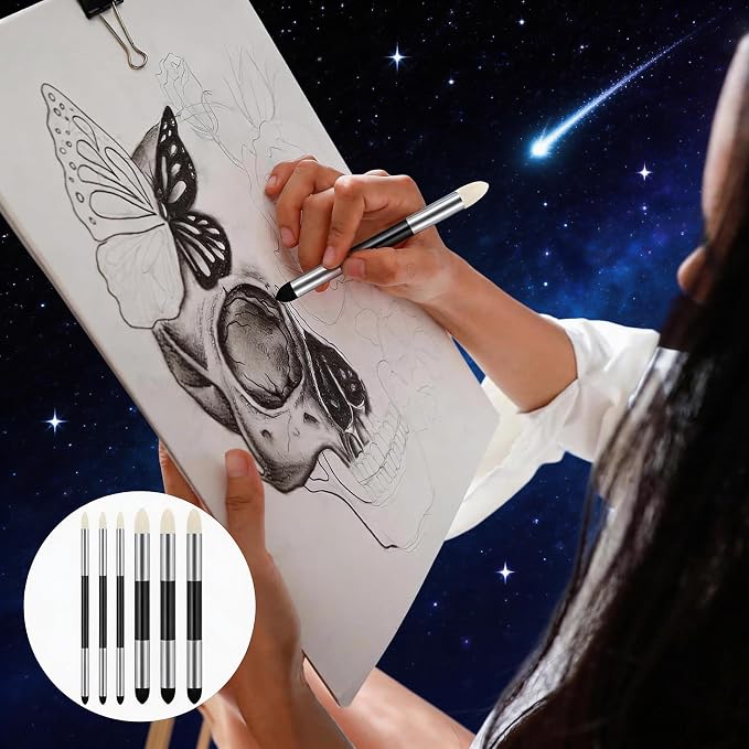 6pcs Artist Blending Sponge Pen Dual Tip Drawing Art Oil Soft Pastel Blending Tools Reusable Washable Sketch Rubbing Sponge Brush for Artist Professional Sketch Drawing Blending Lightening