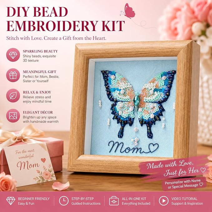 LKTEE Butterfly Bead Embroidery Kit, Hand Embroidery Starter Kit for Beginners Adults with Wooden Frame, Beaded Embroidery Kits DIY Craft Sewing Supplies for Gift Home Decoration (Blue)