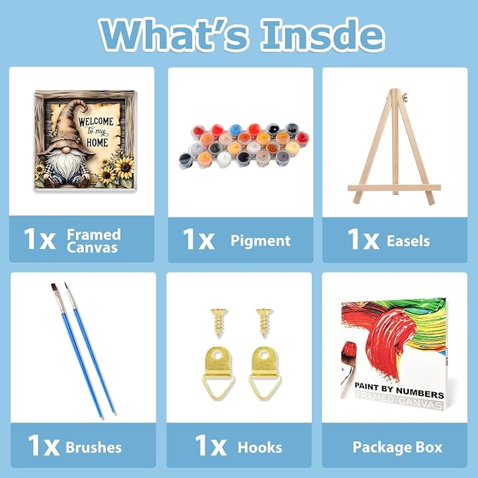Gnome Paint by Numbers Kit for Adults Beginner, Paint by Numbers 10x10 Inch | Framed Paint by Numbers Kit for Adults Beginner with Easel, Acrylic Painting by Numbers, DIY Crafts for Gifts or Home Decor