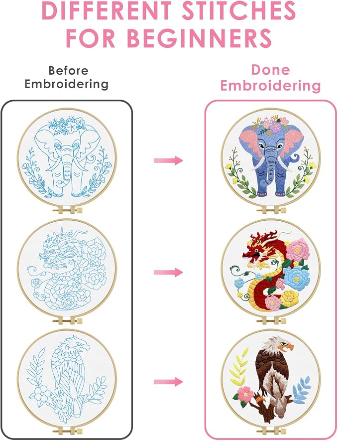 TINDTOP Embroidery Kit for Beginners Adult, Elephant Embroidery Kit for Beginners Include Embroidery Cloth Hoops Threads for Craft Lover Hand Stitch with Embroidery Skill Techniques | Include Embroidery Cloth Hoops Threads for Craft Lover Hand Stitch w...