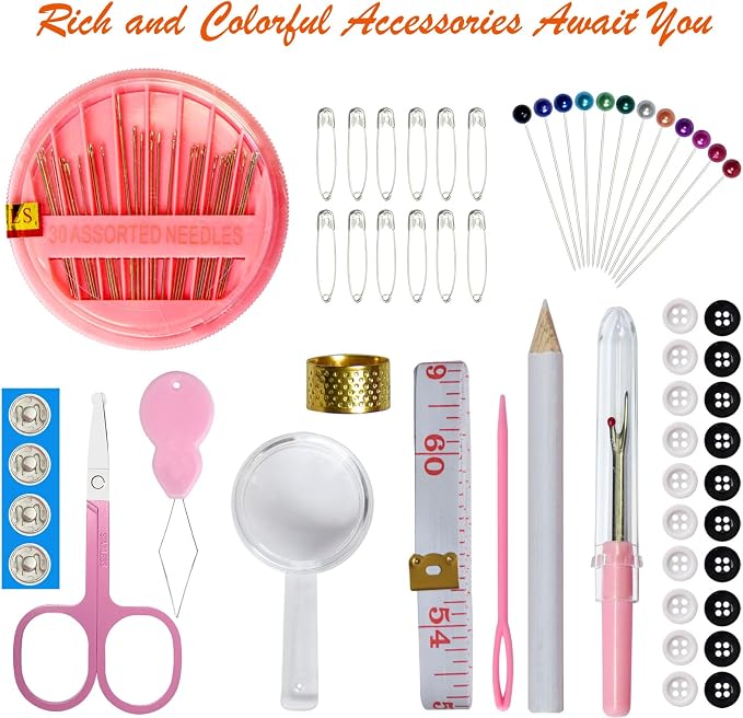 Sewing Kit with Case Portable Sewing Supplies for Home Traveler, Adults, Beginner, Emergency, Contains 18 Sewing Thread, Scissors, Needles, Measure etc (Pink)