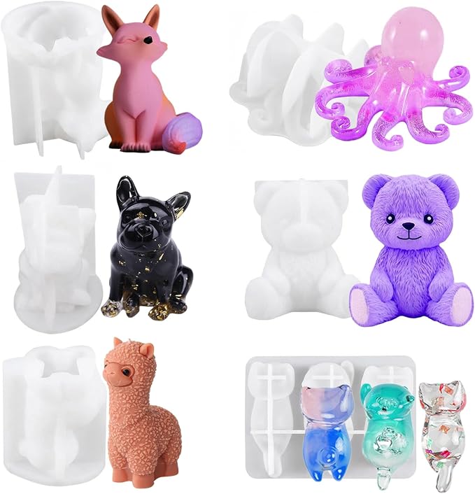6PCS Animal Resin Mold, Alpaca, Bulldog, Fox, Cat,Bear and Octopus 3D Lifelike Silicone Molds for Epoxy Resin, Unique Display Mould for DIY Crafts Wall Desktop Home Decoration Candle Making (Model B)