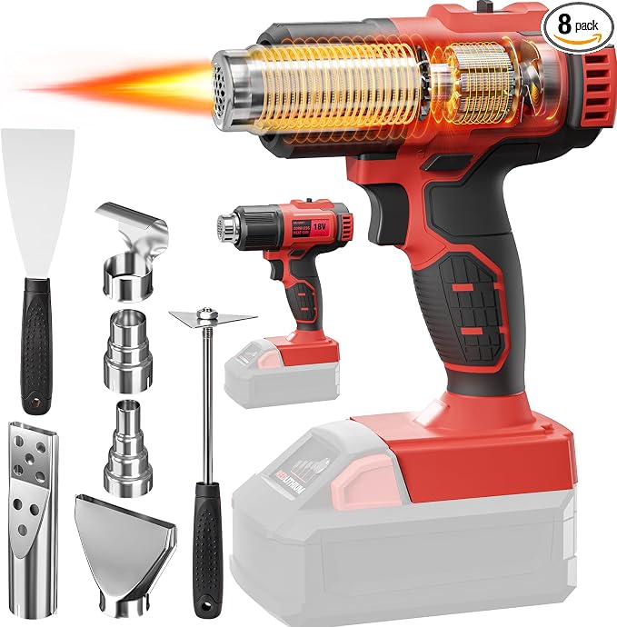 Cordless Heat Gun for Milwaukee M18 Battery, 7Pcs Nozzles&Scraper, LED Light, 350W Fast Heating Soldering Hot Air Gun, 2-Temp Setting Max 990℉(532℃), Heat gun for Shrink Tubing, Crafts (Tool Only)