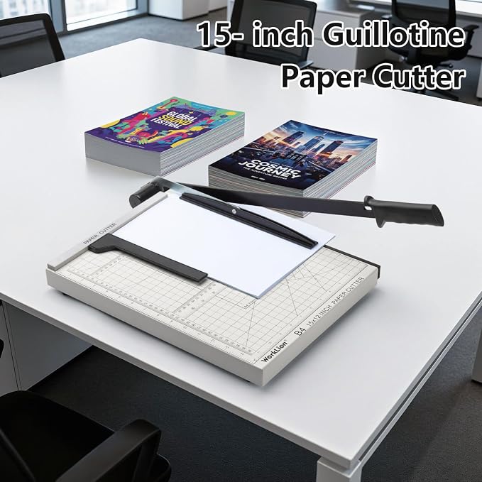 15 inch Guillotine Paper Cutter: Worklion Precision Paper Trimmer with Safety Lock,15 Sheet Capacity, Thickened Metal Based Cutting Board for Crafting Cardstock Photos Laminatedsheets in Class/Office