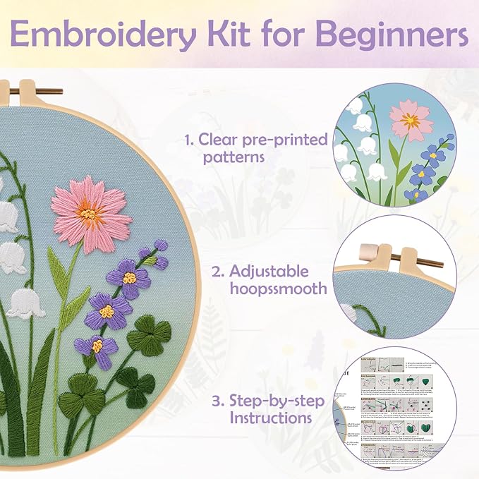 Louise Maelys 4 Pack Watercolor Floral Embroidery Kit for Beginners