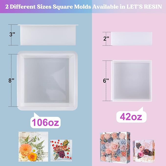 LET'S RESIN Large Silicone Square Molds for Resin, Glossy Deep Square Molds 8''x 3'' w/Wooden Support, Epoxy Resin Molds for Flowers Preservation, Resin Casting Molds for DIY Home Décor