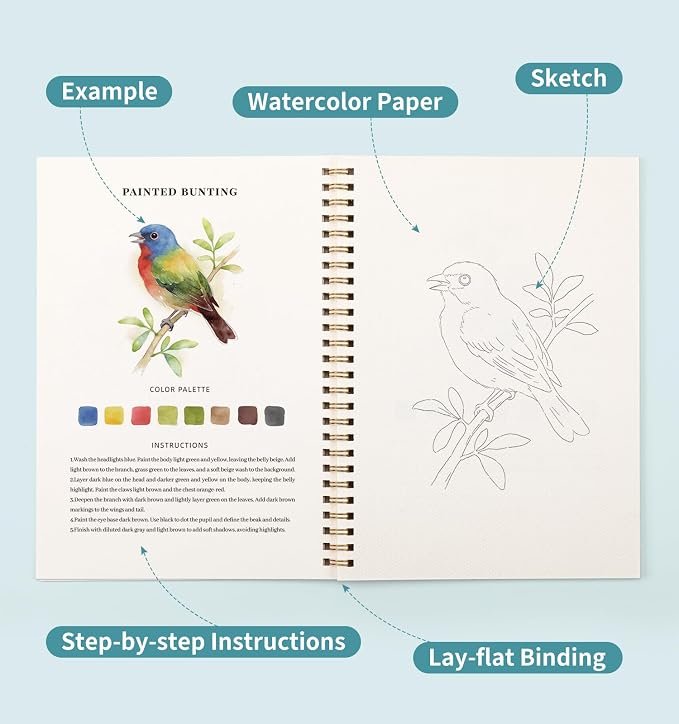 Watercolor Workbook with 12 Bird Patterns, 50 Colors Watercolor Paint Set | Water Coloring Book, Beginner-Friendly Watercolor Workbooks for Creative Exploration Gift for Adults