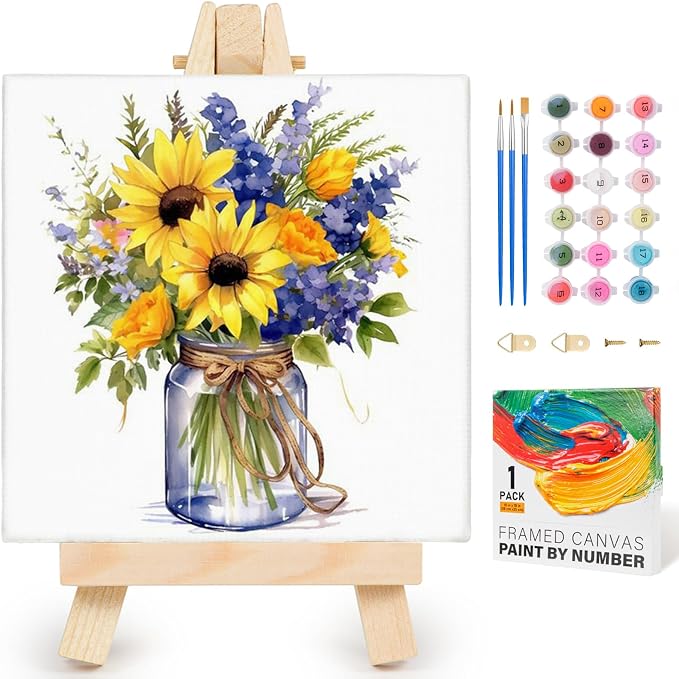 Yezavesu Flower Framed Paint by Numbers Kit for Adults Beginner & Kids Ages 8-12, Flowers Paint by Number Without Easel, DIY Adult Paint by Numbers Sunflower for Home Wall Decor Gift 10x 10 inch | With Frame Canvas 10x10 IN, Without Easel, DIY Acrylic ...