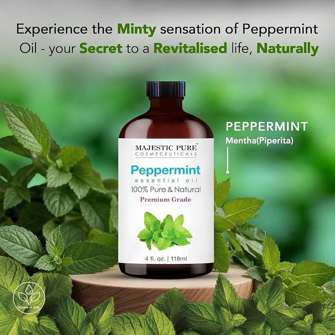 Majestic Pure Peppermint Essential Oil for Diffuser - 4 Fl Oz | 100% Pure and Natural Peppermint Oil for Aromatherapy, Massage, Steam inhalation, Air Freshner, DIY, Soap and Candle Making